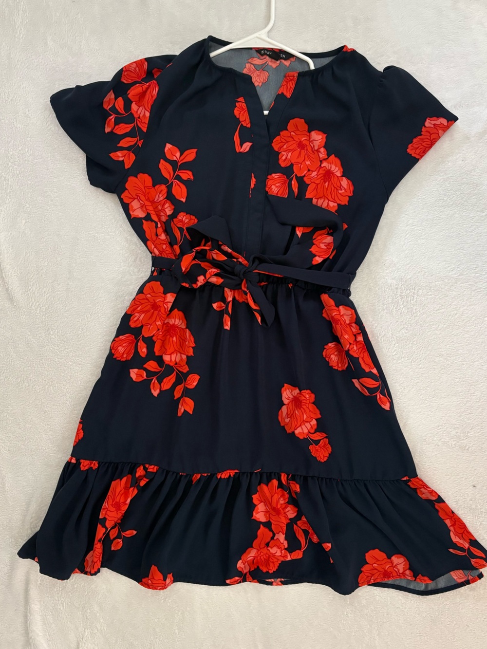 Blue Floral Tie-Front Mini Dress with Red Blooms